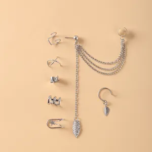 7-piece silver cuff earring set featuring leaf chain dangles and double layer C-shaped clips