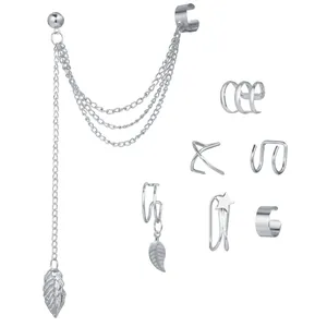 7-teiliges silbernes Ohrmanschetten-Set mit Kette, Blattanhänger und Doppelringen