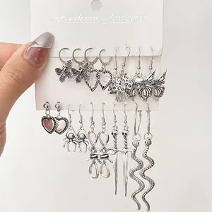 Vintage Silver Alloy Earrings Gothic Punk Butterfly Snake Sword Mushroom Spider Skeleton Halloween Party Jewelry Women