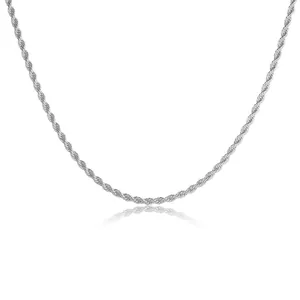 Detailed view of 3mm silver twisted rope chain necklace with polished steel texture