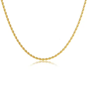 Close-up of a 3mm golden rope chain necklace showing detailed twisted metal texture
