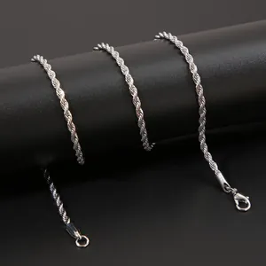 Detailed macro of 3mm silver stainless steel rope chain with a secure lobster clasp
