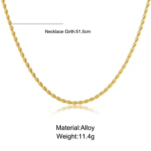 Golden 3mm twisted rope chain necklace for men in alloy with 51.5cm length