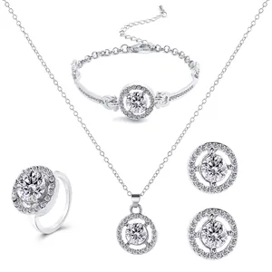 Macro shot of silver jewelry set with round micro-pave cubic zirconia accents