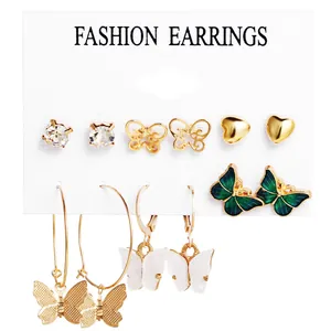 Golden butterfly and heart stud earring set with 6 pairs of acrylic and zircon styles