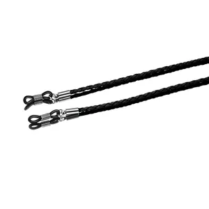Modieuze brilkoord van zwart gevlochten PU-leer met zilveren metalen uiteinden en ringen