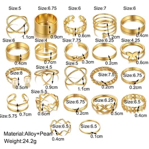 Detailed size guide for 22-piece butterfly and heart joint ring set in gold alloy finish