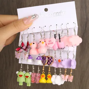 Colorful resin cartoon earrings set featuring butterflies and mushrooms for kids