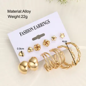 6-teiliges goldenes Ohrring-Set mit Herz-, Stern- und verdrehten Creolen-Designs