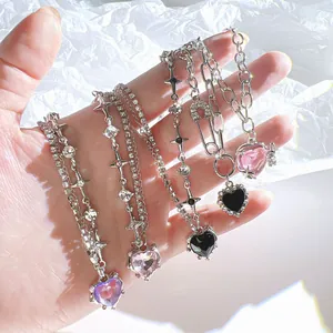 Pink heart planet necklace for women with silver chain and sparkly crystals