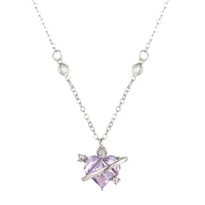 Starry purple heart gemstone pendant necklace with silver planet ring and fine chain