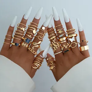 30pcs set of trendy gold irregular open rings with butterfly and pearl accents