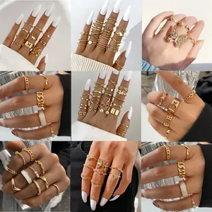 Vintage Gothic Stackable Ring Set For Women Gold Silver Alloy Heart Butterfly Pearl Bohemian Joint Finger Rings Jewelry