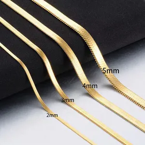 Detail showing various widths of 18K gold herringbone chains in 2mm, 3mm, 4mm, and 5mm sizes
