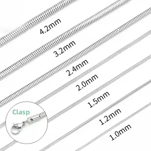 Detail of stainless steel snake chains in seven sizes from 1.0mm to 4.2mm with lobster clasp
