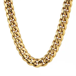 Polished gold stainless steel Cuban link necklace for men in a classic hip-hop street style