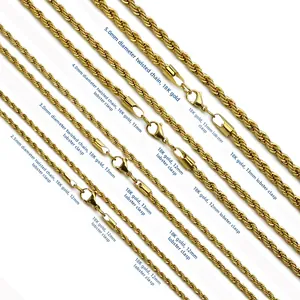 Comparison of 18K gold twist rope chains in 2.5mm to 5.0mm sizes with lobster clasps