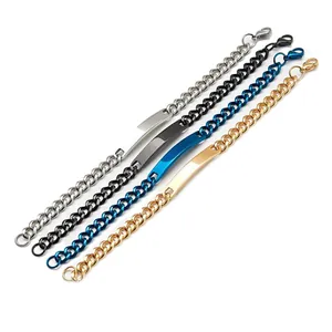 Stainless Steel Curb Chain Bracelet With Blank ID Bar Plate Polished Finish Minimalist Fashion Jewelry For Men Women