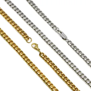 Polished gold and silver stainless steel Cuban link chains with lobster clasps for men