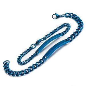Detailed view of a blue stainless steel Cuban ID bracelet with polished curved plates