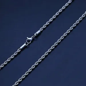 Detailed macro view of a silver stainless steel rope chain with secure lobster clasp
