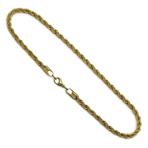 Close-up of golden rope chain necklace with detailed twist pattern and lobster clasp