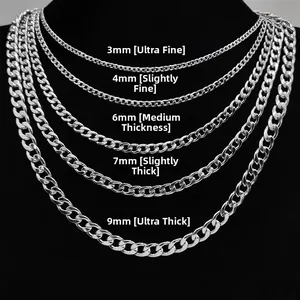 Silver Cuban link chain necklace comparison showing 3mm to 9mm widths on mannequin