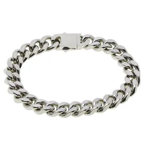 Detail of silver stainless steel Cuban link bracelet with a secure rectangular clasp closure