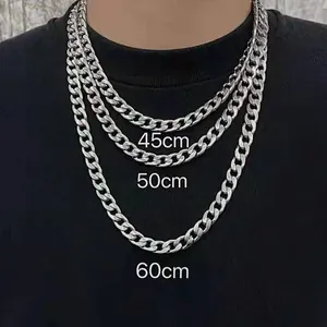 Detailed comparison of 45cm, 50cm, and 60cm silver Cuban chain necklaces on model