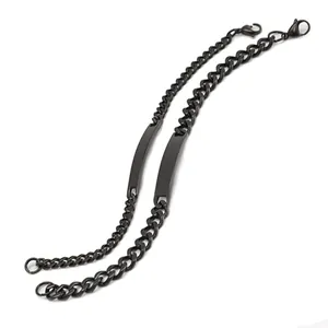 Minimalist black stainless steel couple bracelets with polished rectangle bar and curb chain