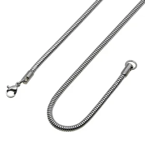 Detail of smooth silver snake chain necklace featuring a secure lobster claw clasp