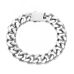 Close-up of silver Cuban link chain with a large rectangular box clasp in polished steel