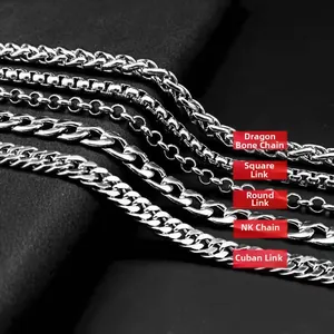 Detail view of five steel chain styles including Keel, Pearl, NK, and Cuban designs