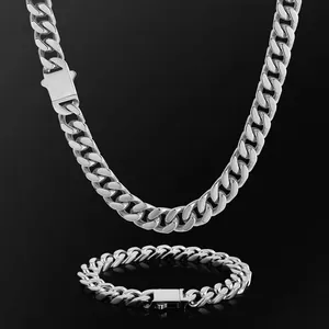 Polished silver stainless steel Cuban link chain necklace and bracelet jewelry set