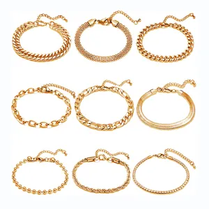 Lot de 9 bracelets en acier titane doré incluant mailles gourmette et Figaro pour homme
