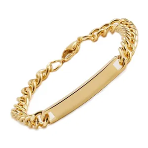 Golden stainless steel Cuban link ID bracelet with a polished rectangular bar for engraving
