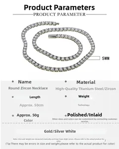 Detailed size chart for 5mm stainless steel tennis chain with cubic zirconia stones