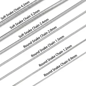 Various sizes of stainless steel snake chain necklaces from 0.9mm to 4.2mm thickness