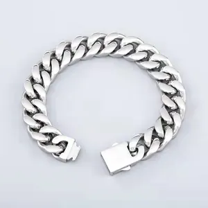 Polished silver stainless steel Cuban link bracelet with a secure square clasp