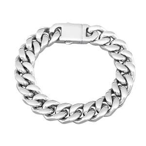 Polished silver stainless steel Cuban link bracelet with wide box clasp for men and women