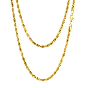 Polished gold titanium steel rope chain necklace featuring a classic spiral design and lobster clasp