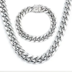 Poliertes silbernes Edelstahl-Panzerketten-Set aus Halskette und Armband mit Sicherheitsverschluss