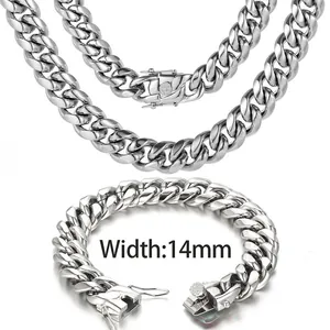 14mm silberne Miami Panzerkette und Armband-Set aus poliertem Edelstahl für Herren