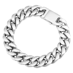 Detail of silver stainless steel Cuban link bracelet featuring a secure rectangle clasp