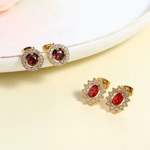 18K gold plated earrings with micro-paved cubic zirconia and red round gemstones