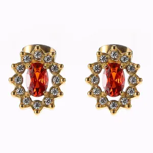 18K gold plated sunflower earrings with orange oval zircon and crystal halo on white background