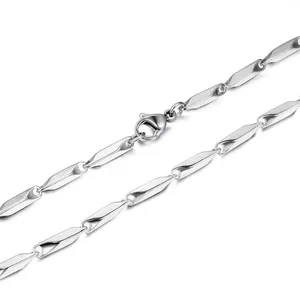Detailed close-up of polished silver stainless steel bamboo link chain with lobster clasp