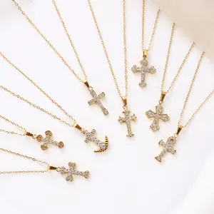 Gold plated stainless steel cross pendant necklace with zircon crystals for women