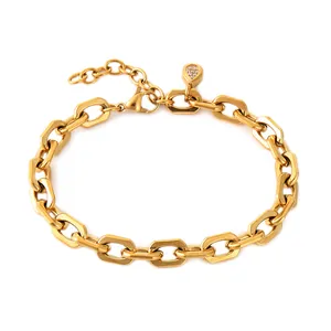 18K gold plated stainless steel octagonal chain bracelet with zircon drop charm