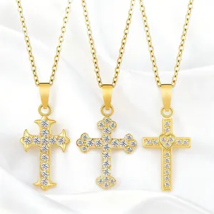 Zirconia Stainless Steel Cross Pendant Necklace For Women 18K Gold Plated Ankh Anchor Religious Jewelry Dainty Lockbone Chain